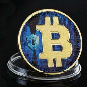 24k Gold Blue Bitcoin Satoshi Collection Gift Coin Collectible Ornament Decor